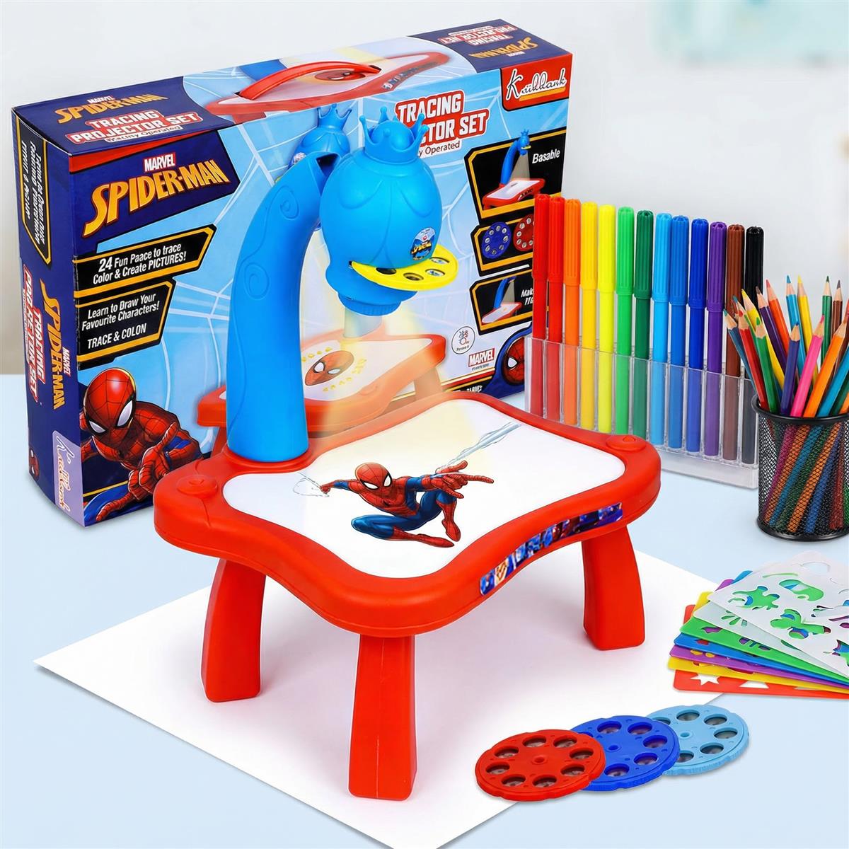 Kriiddaank Spiderman Tracing Projector Set for Kids - Art Drawing Toy with 24 Patterns, 3 Slides, Markers & Paper - Creative Educational Learning Sketching Kit for Children Ages 3+
