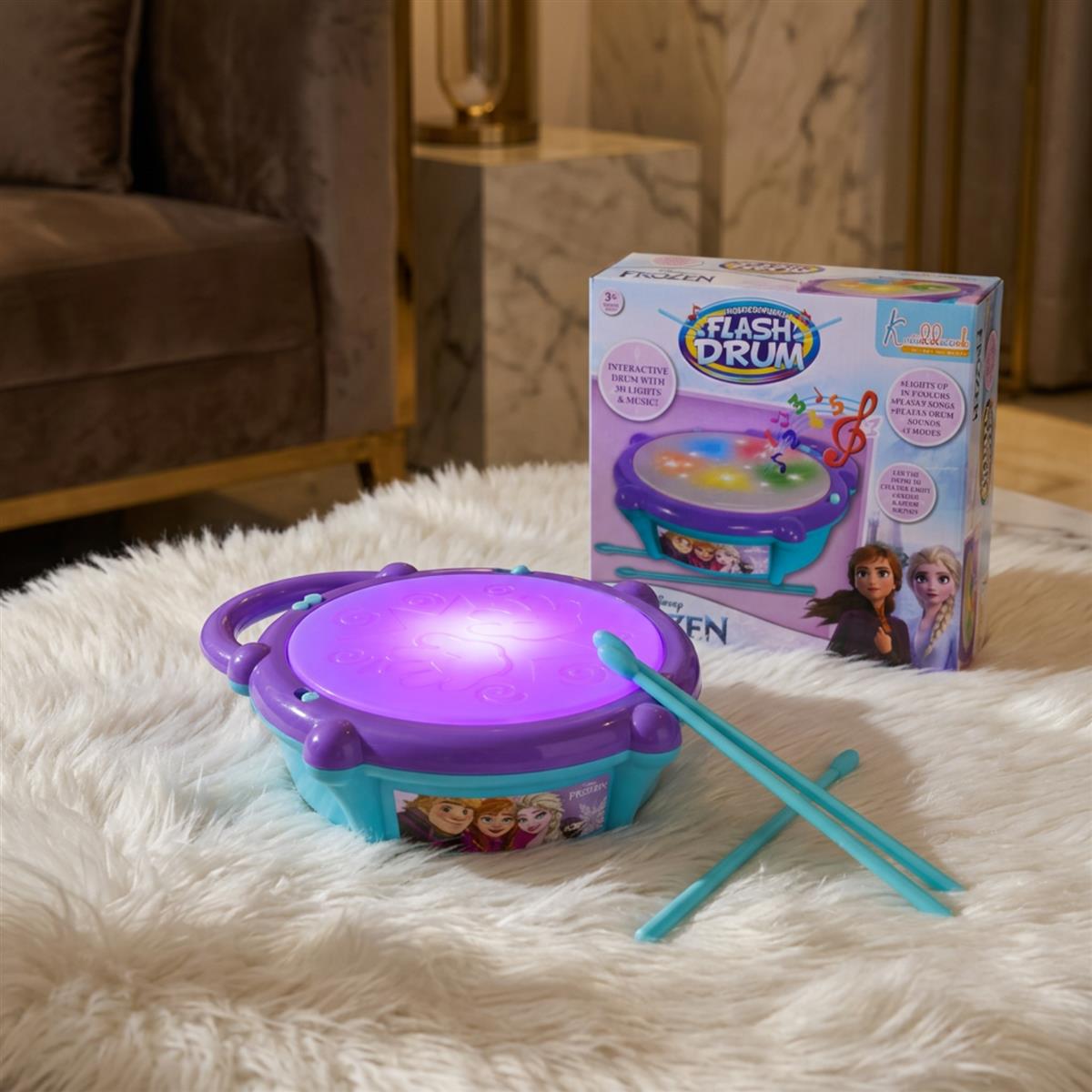 Frozen Elsa & Anna Flash Drum Toy for Toddlers - Battery Operated Musical Instrument with 3D 5-Color LED Lights & 9 Songs - Interactive Educational Toy for Kids Age 3+ Years