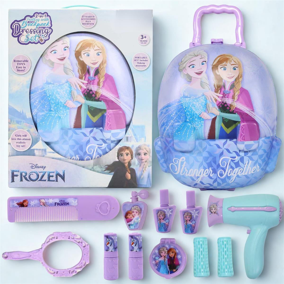 Frozen 2-in-1 Backpack & Trolley Dressing Gift Set for Kids - 13 Pcs Pretend Play Makeup Kit with Electronic Dryer, Portable Beauty Vanity Suitcase for Girls Aged 3+ Years (Turkish Blue)