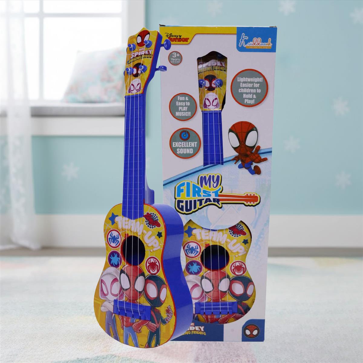 Spiderman Big Toy Guitar for Kids - 4 Adjustable Strings, Fingerstyle Tab & Pick - Portable Educational Musical Instrument Toy for Boys 3+ Years - Perfect Birthday Gift, Blue