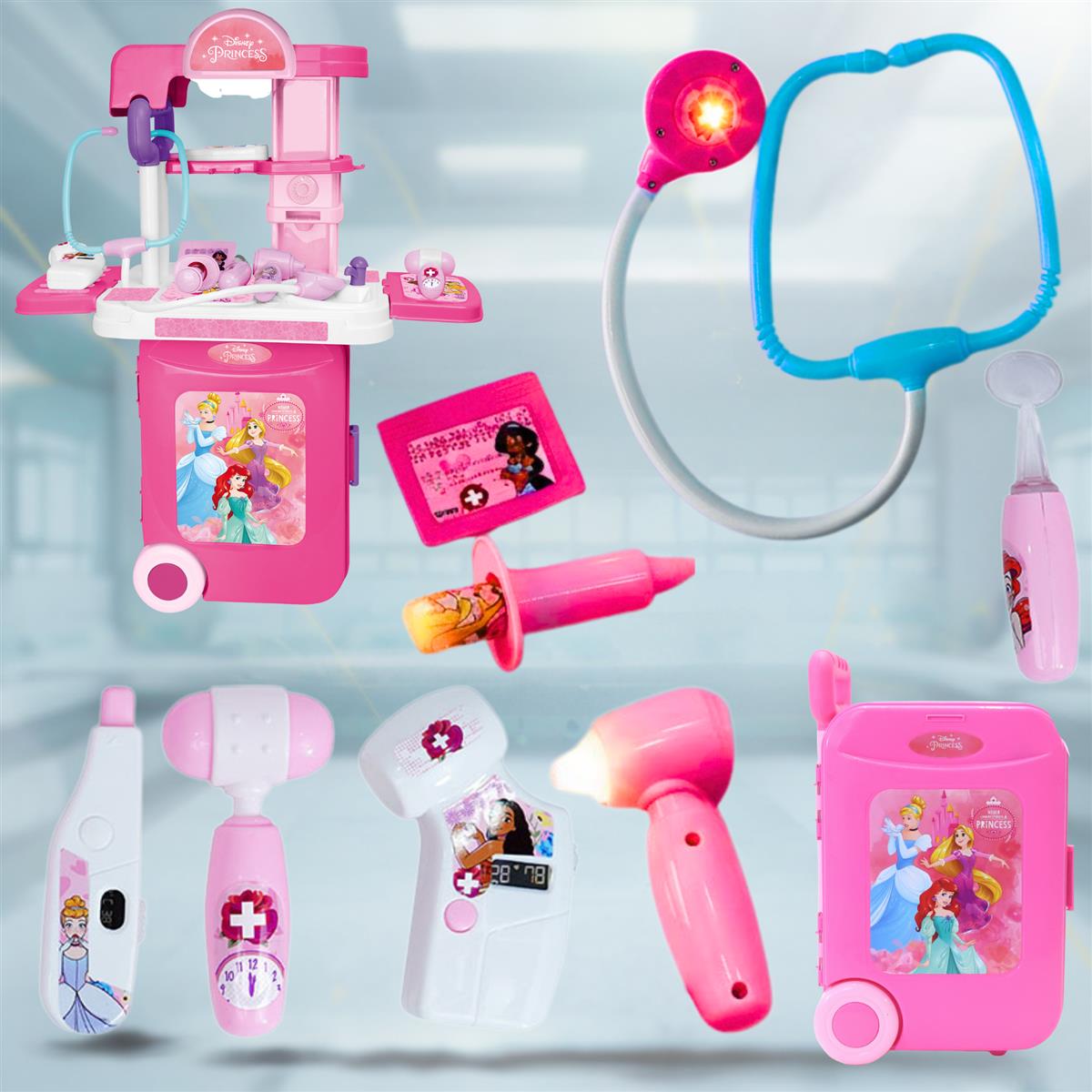 Kriiddaank Disney Princess Doctor Set for Kids - Portable Medical Trolley with Stethoscope & Lights, 9-Piece Educational Pretend Play Toy Kit for Girls Aged 3+, Pink