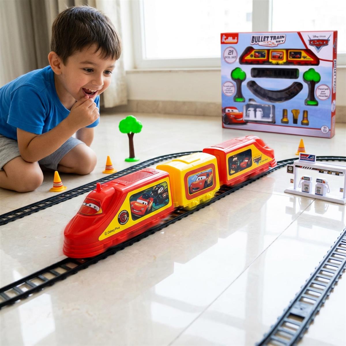 Kriiddaank Disney Pixar Cars Electric Bullet Train Set - Lightning McQueen & Friends Theme, Diecast Metal Miniature Realistic Railway Playset, Battery Operated Toy for Kids 3+ (Multicolor)