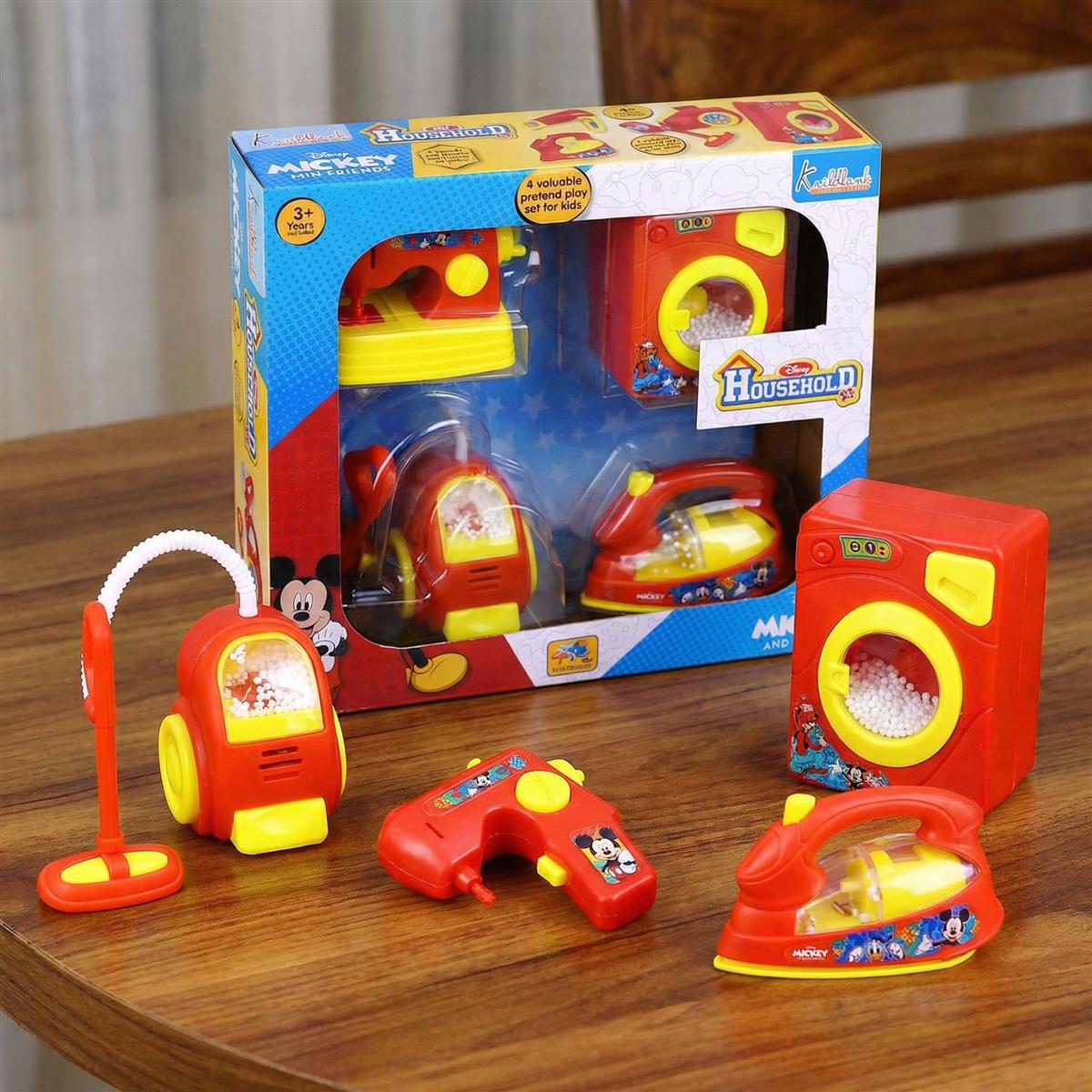 Disney Mickey Mini Household Set (4pcs) - Toy Hair Dryer, Vacuum Cleaner, Washing Machine & Iron - Battery Operated Role Play Set for Kids 3+ - Fun & Educational Red/Multicolor Gift
