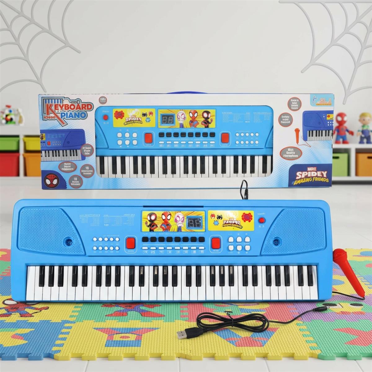 Spiderman Keyboard Piano for Kids - 61 Key Portable Digital Organ with Microphone, USB Power & Digital Screen - 17 Instrument Sounds & 10 Rhythms - Educational Musical Gift for Boys 3+ Years