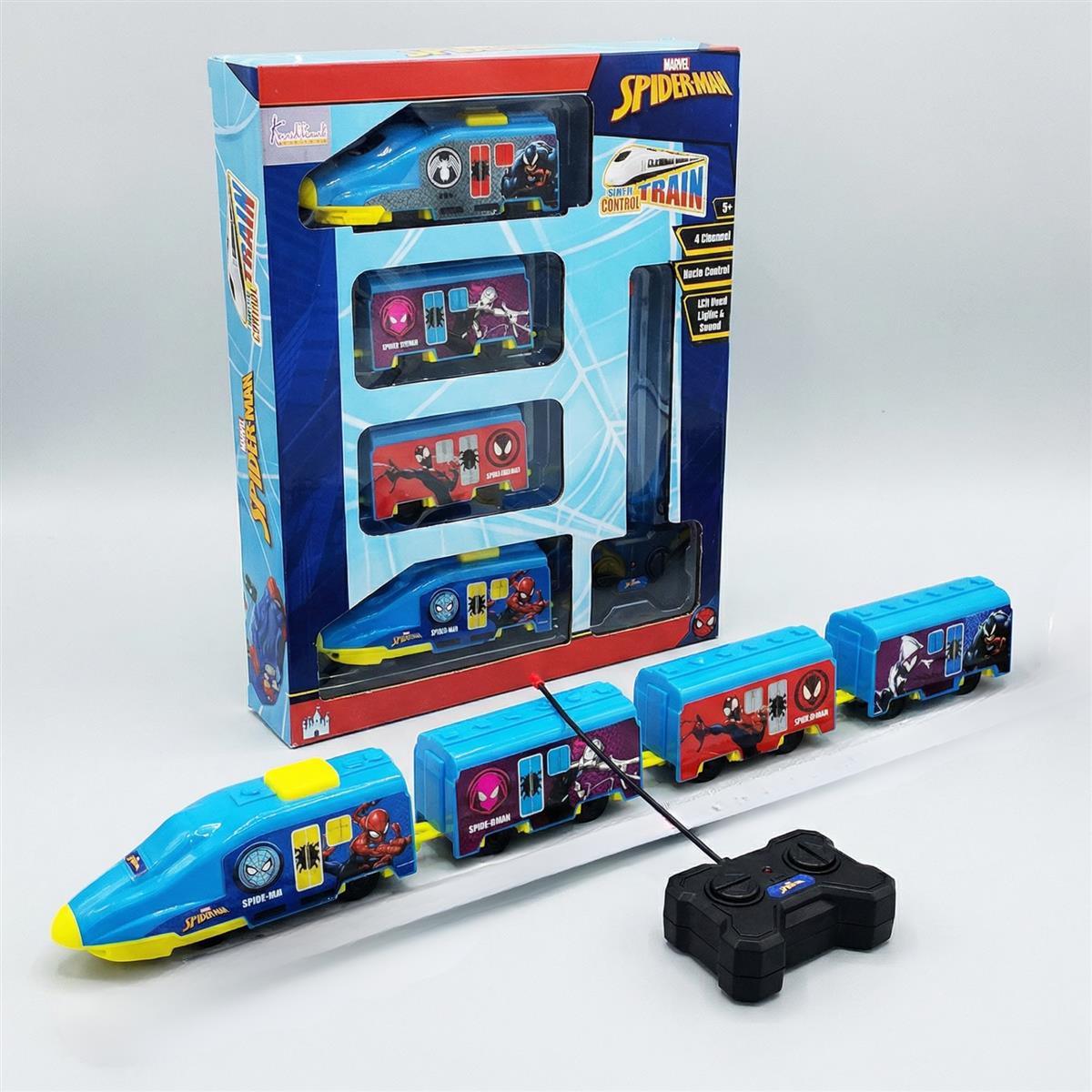 Kriiddaank Spiderman Theme RC Train Toy for Kids, Remote Control Rechargeable EMU Express Train with LED Lights & Realistic Sounds, Superhero Railway Toy for Boys & Girls (Blue)