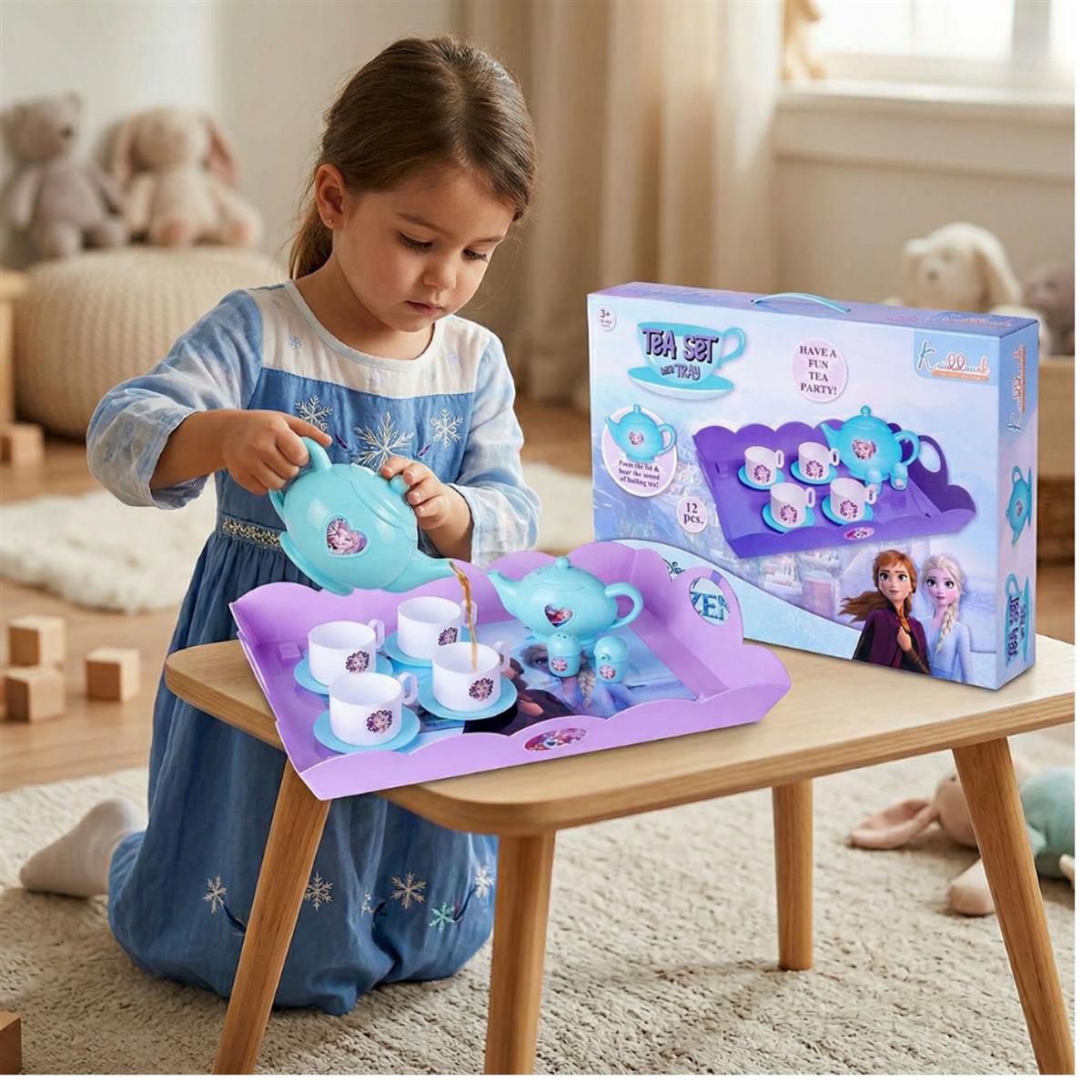 Frozen Tea Party Set for Girls - Elsa & Anna 15-Piece Trolley Playset with Electronic Kettle, Realistic Boiling Sounds & Lights - Interactive Pretend Play Kitchen Toy for Kids Ages 3+