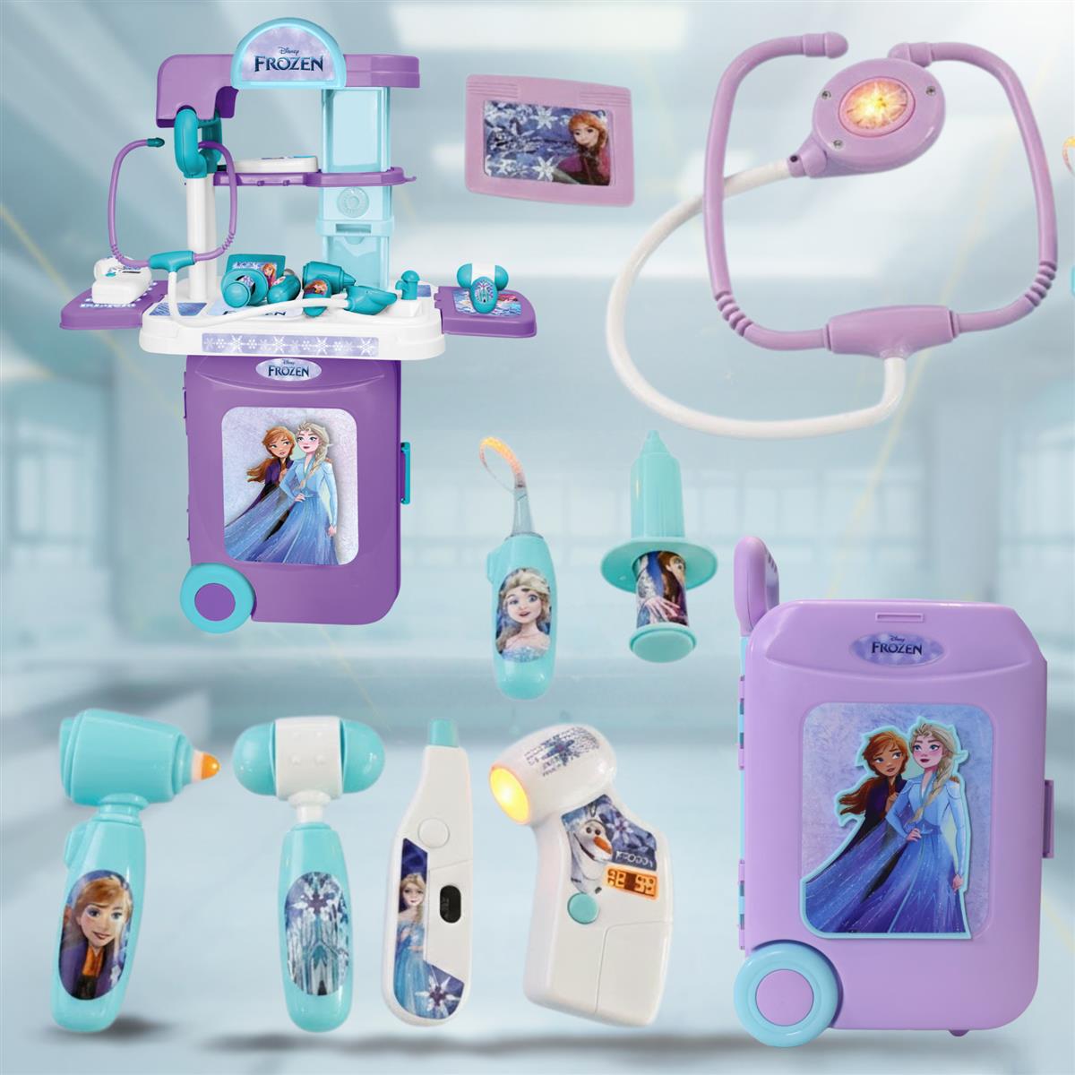Kriiddaank Frozen Theme Doctor Set for Kids - Elsa & Anna Portable Medical Trolley Playset with Lights - Educational First Aid Kit Toy for Girls 3+ Years - Perfect Birthday Gift, Turkish Blue