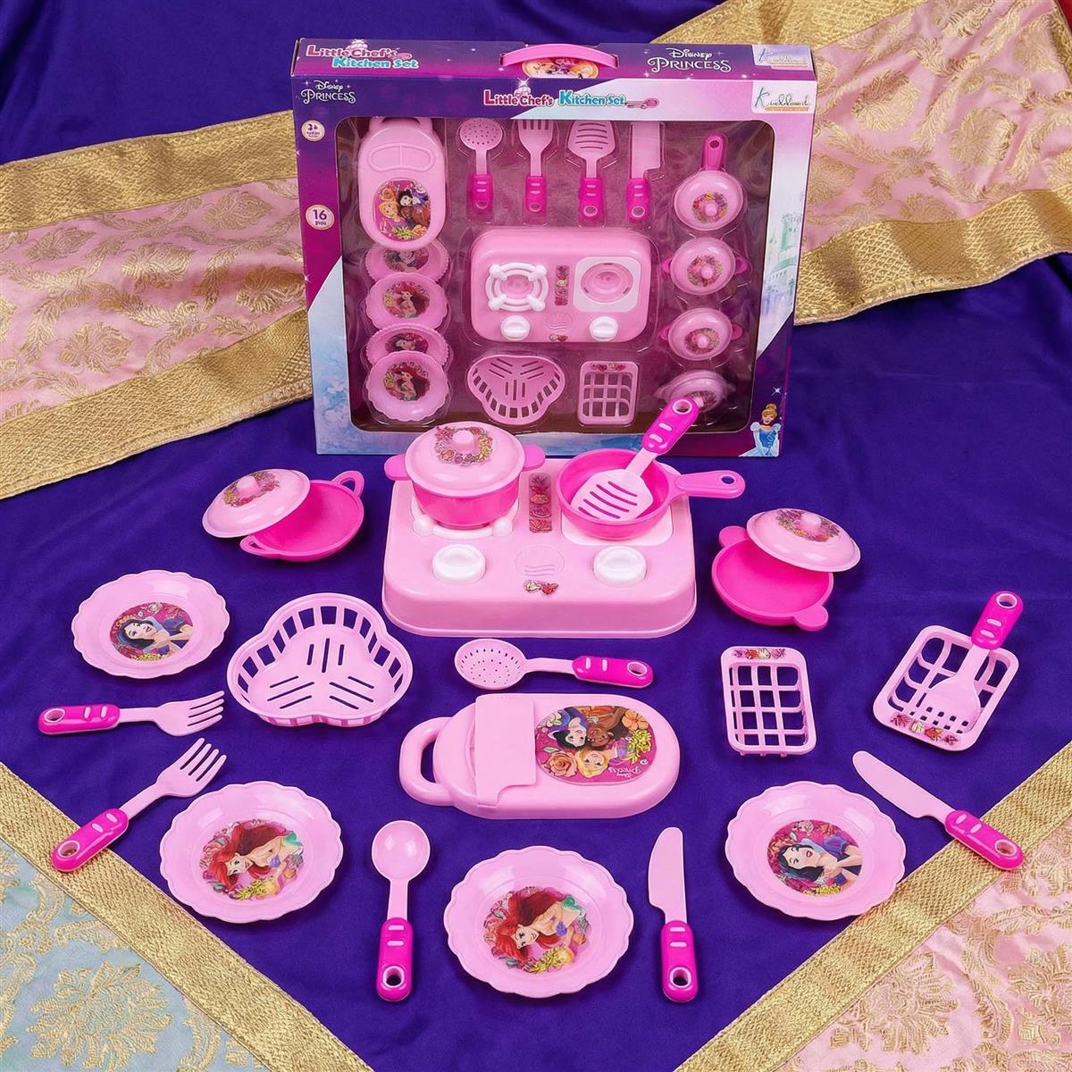 Kriiddaank Princess Little Chef Kitchen Set for Kids - 16 Pcs Pretend Play Cooking & Baking Playset with Light & Sound, Battery Operated Toy Stove, Portable Pink Kitchen for Girls & Toddlers Ages 3+