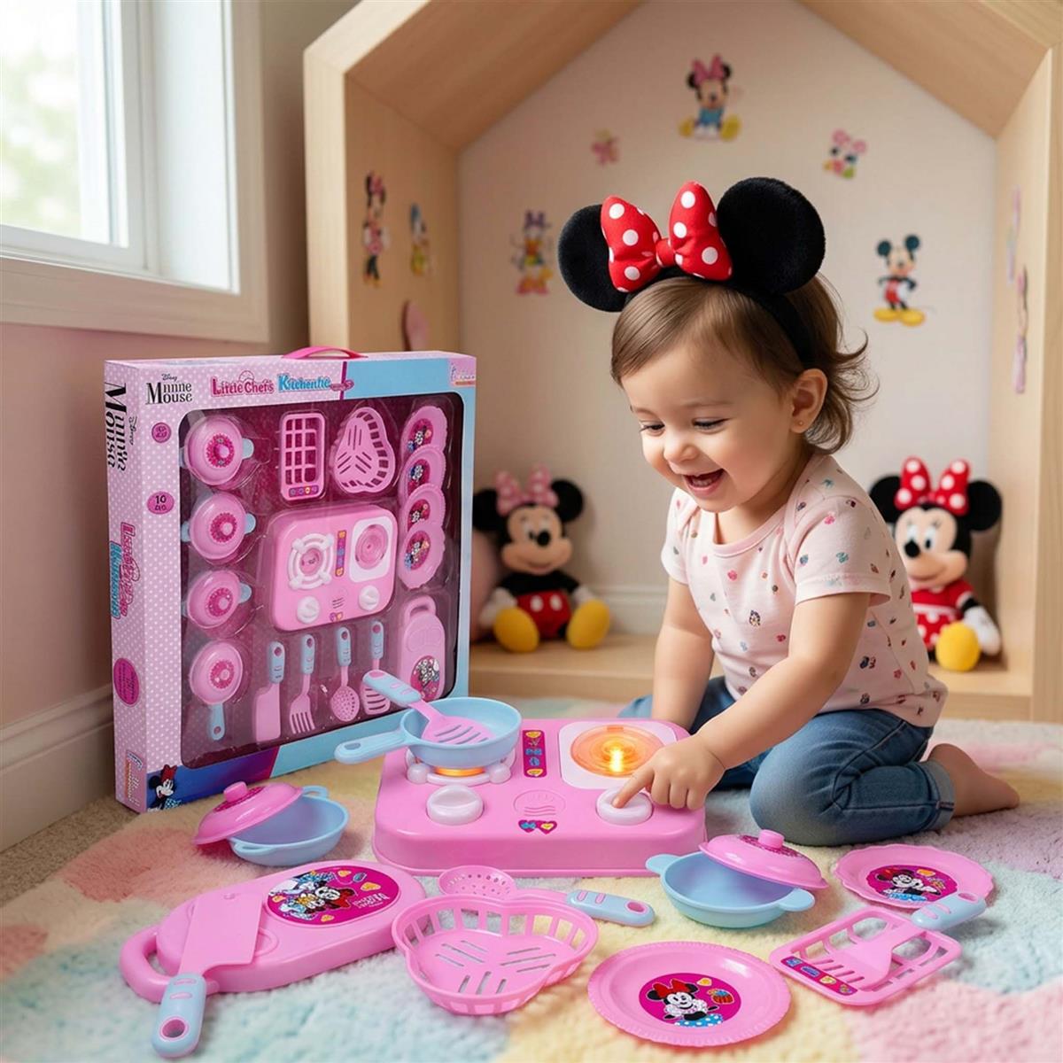 Kriiddaank Minnie Mouse Theme Little Chef's Kitchen Set for Girls - 16 Pcs Pretend Play Cooking Toy with Lights & Sound Effects, Portable Interactive Kitchen Playset for Kids Age 3+ Years (Pink)