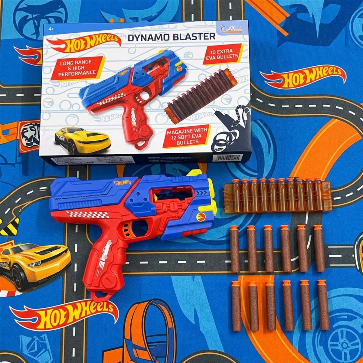 Hot Wheels Dynamo Blaster Toy Gun with 22 Soft Foam Bullets & 12-Dart Cartridge, Long Range Action-Packed Blaster for Kids, Safe & Interactive Play, Blue, Ages 4+