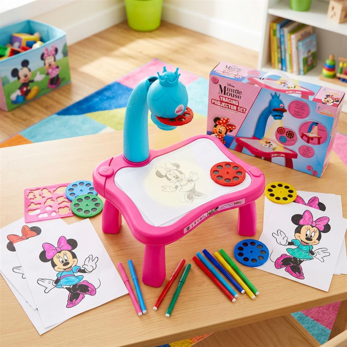 Kriiddaank Minnie Mouse Tracing Projector Set for Kids - Drawing Projector with 24 Patterns, 3 Stencil Slides, Markers & Paper - Creative Art & Craft Educational Toy for Girls Ages 3+ (Pink)