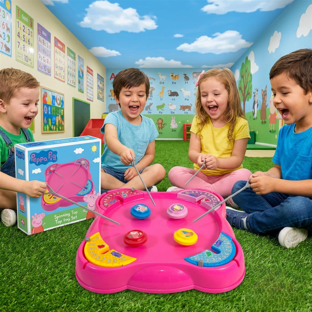 Kriiddaank Peppa Pig Theme Spinning Top Battel Game with Arena Base - Beyblade Style Battle Set for Kids 5+ Years - 4 Tops & Rip Cords - Multiplayer Educational Toy for Boys & Girls (Pink)