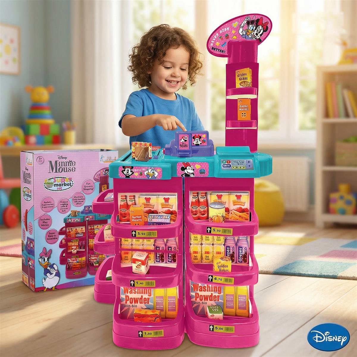 Minnie Mouse Interactive Super Market Grocery Store Playset with Electronic Cash Machine, Weighing Scale & Sound - 20 Accessories, Pretend Play Toy for Girls Ages 5+