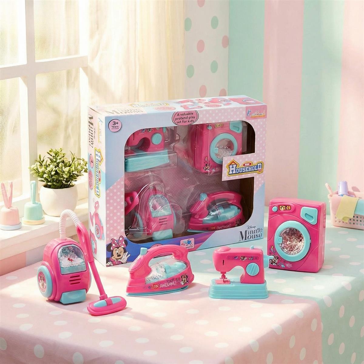 Minnie Mouse Theme Household Role Play Set (4-Piece) - Toy Washing Machine, Vacuum Cleaner, Iron & Hair Dryer with Lights - Educational Pretend Play Gift for Girls 3+ Years Old
