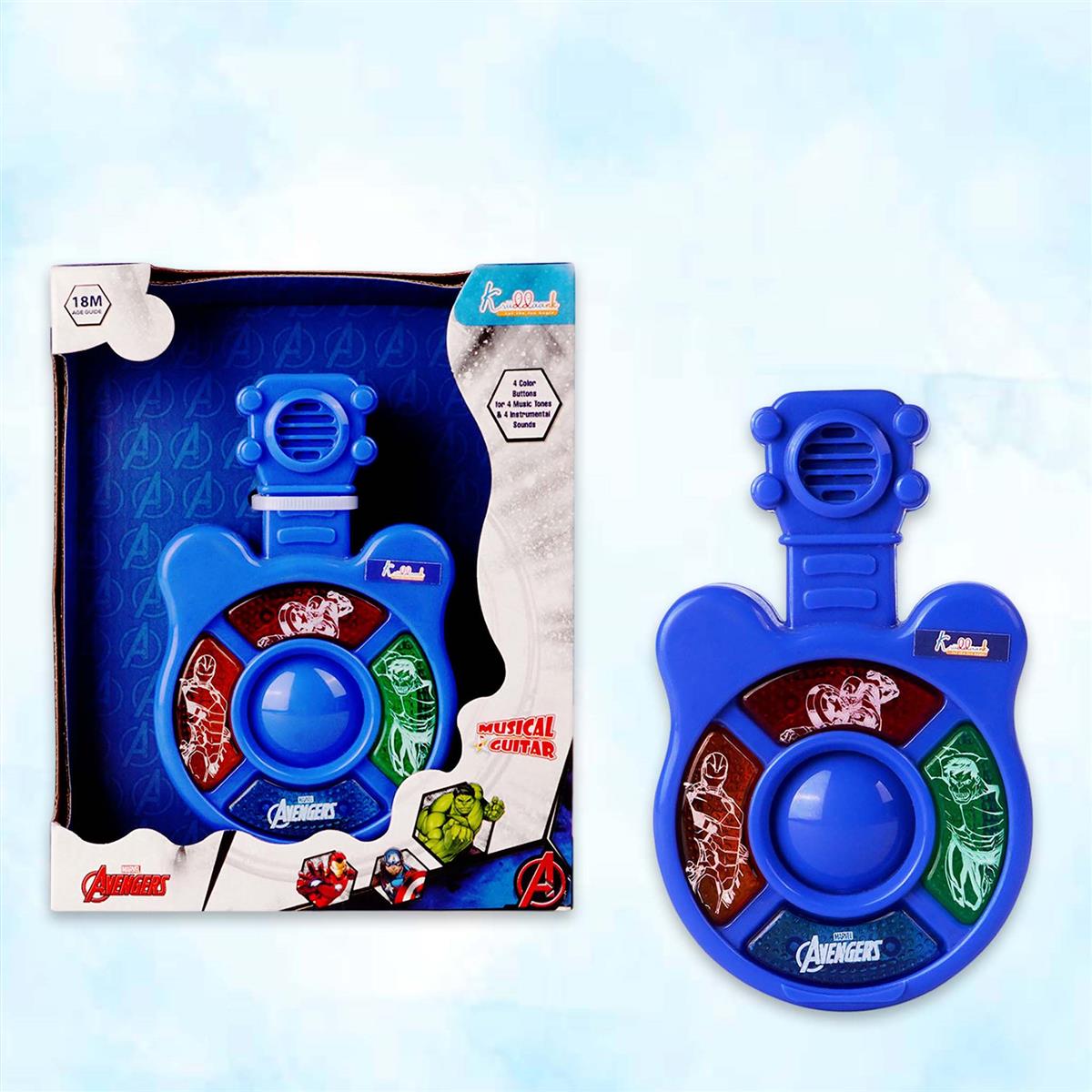 Marvel Avengers Theme Mini Guitar Music Set for Kids - Pocket Sized Musical Toy with 4 Interactive Sound Buttons & Lights, Educational Superhero Toy for Boys & Girls Ages 3+, Red & Durable