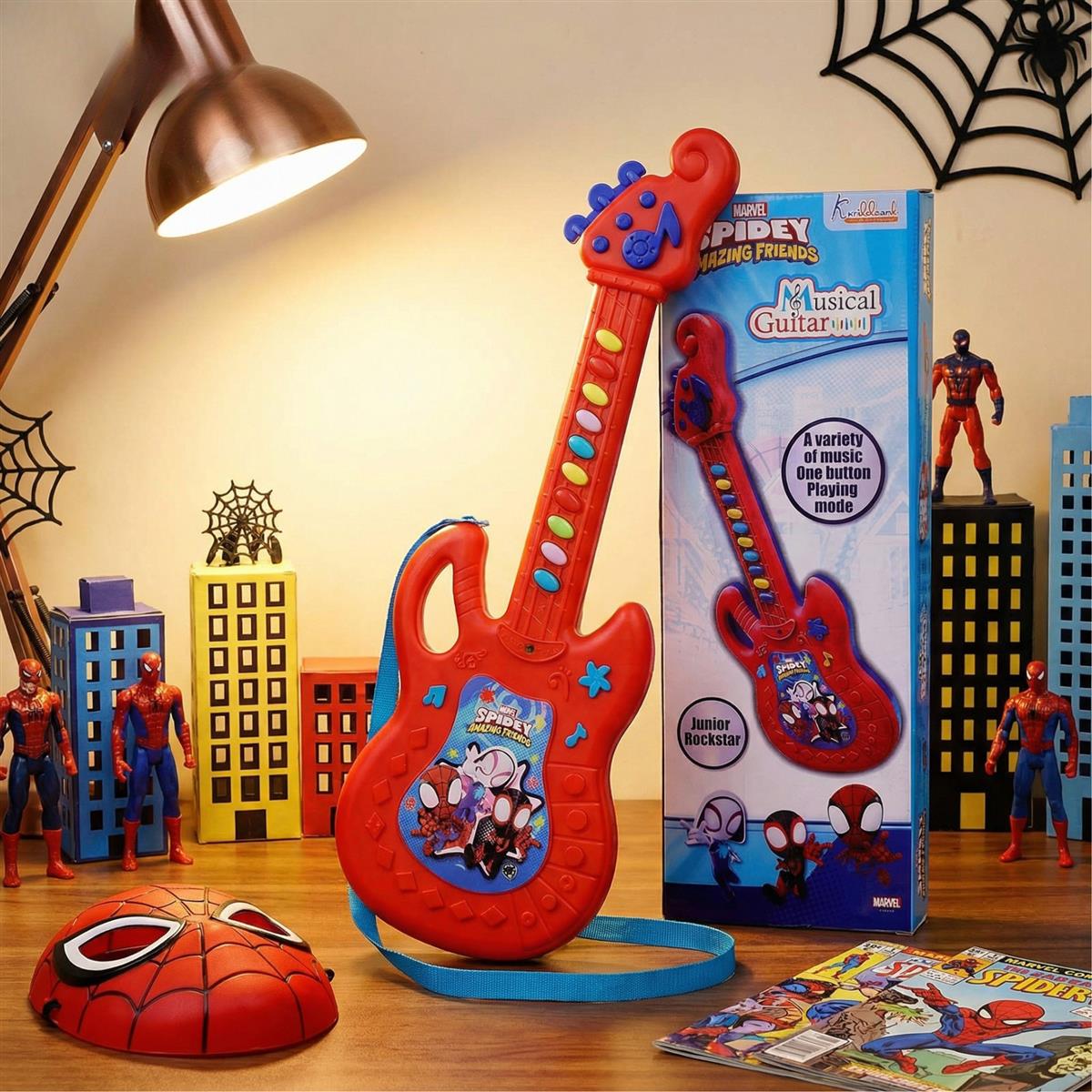 Spiderman Musical Guitar for Toddlers - Junior Rockstar Sing-Along Karaoke Toy with Built-in Music & Lights, Educational Electronic Play Instrument for Kids 3+ Years Old, Blue