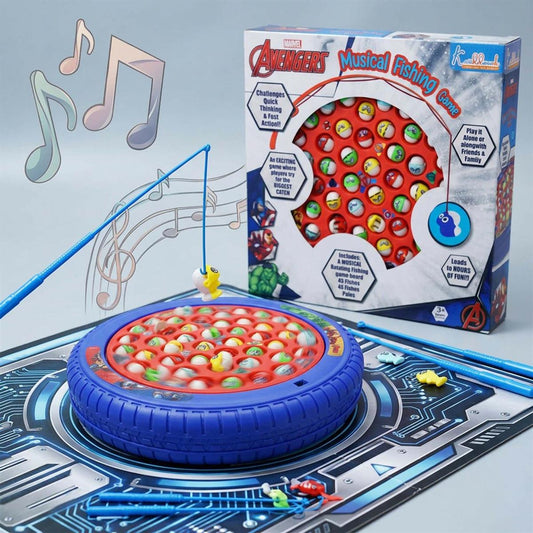 Avengers Musical Fishing Game for Kids - Electronic Rotating Board with 45 Fishes & 4 Poles, Battery Operated Interactive Educational Toy for Boys & Girls Age 3+ Years (Red Ocean Theme)