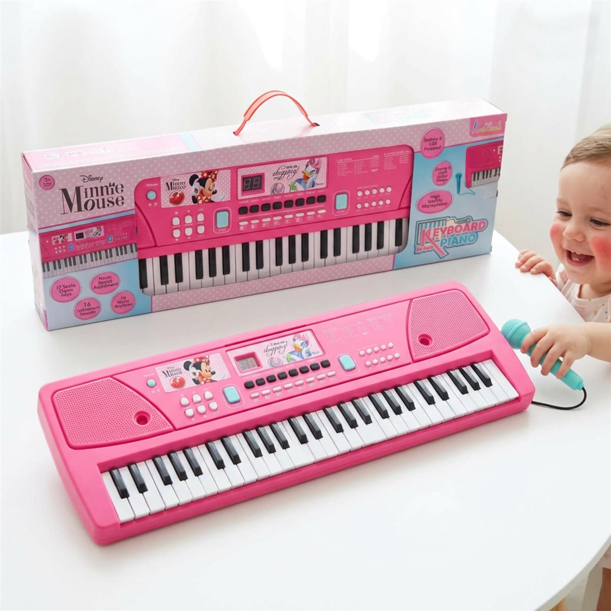Disney Minnie Mouse 61-Key Keyboard Piano for Kids - Musical Toy with Microphone, Digital Screen, 17 Instrument Sounds, Recording Mode & USB Power - Pink Educational Gift for Toddlers Age 3+