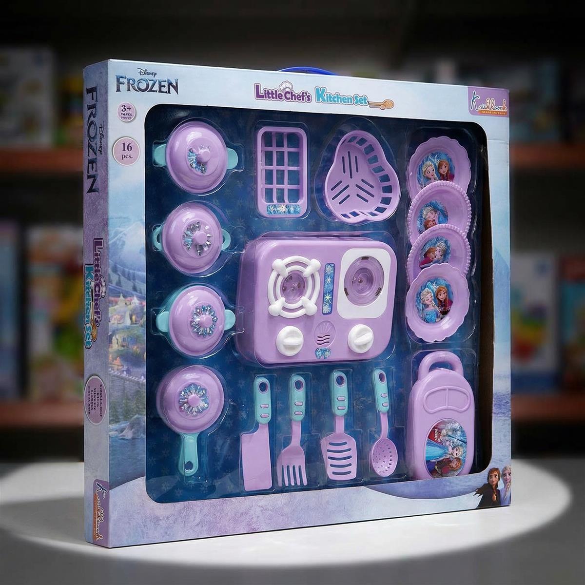 Kriiddaank Frozen Little Chef Kitchen Set for Kids - 16 Pcs Pretend Play Cooking & Baking Toy with Lights & Music, Portable Kitchen Playset for Toddlers & Girls Age 3+ Years (Multicolor)