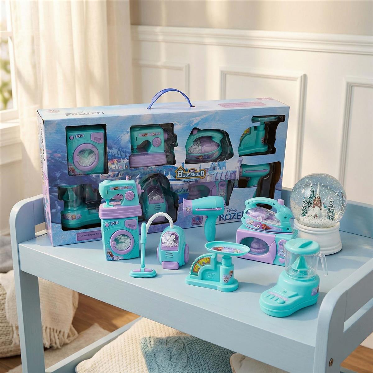 Frozen Theme 8-Piece Household Role Play Toy Set for Kids - Interactive Home Appliances Kit including Washing Machine, Vacuum, Microwave & Sewing Machine - Educational Pretend Play for Ages 3+