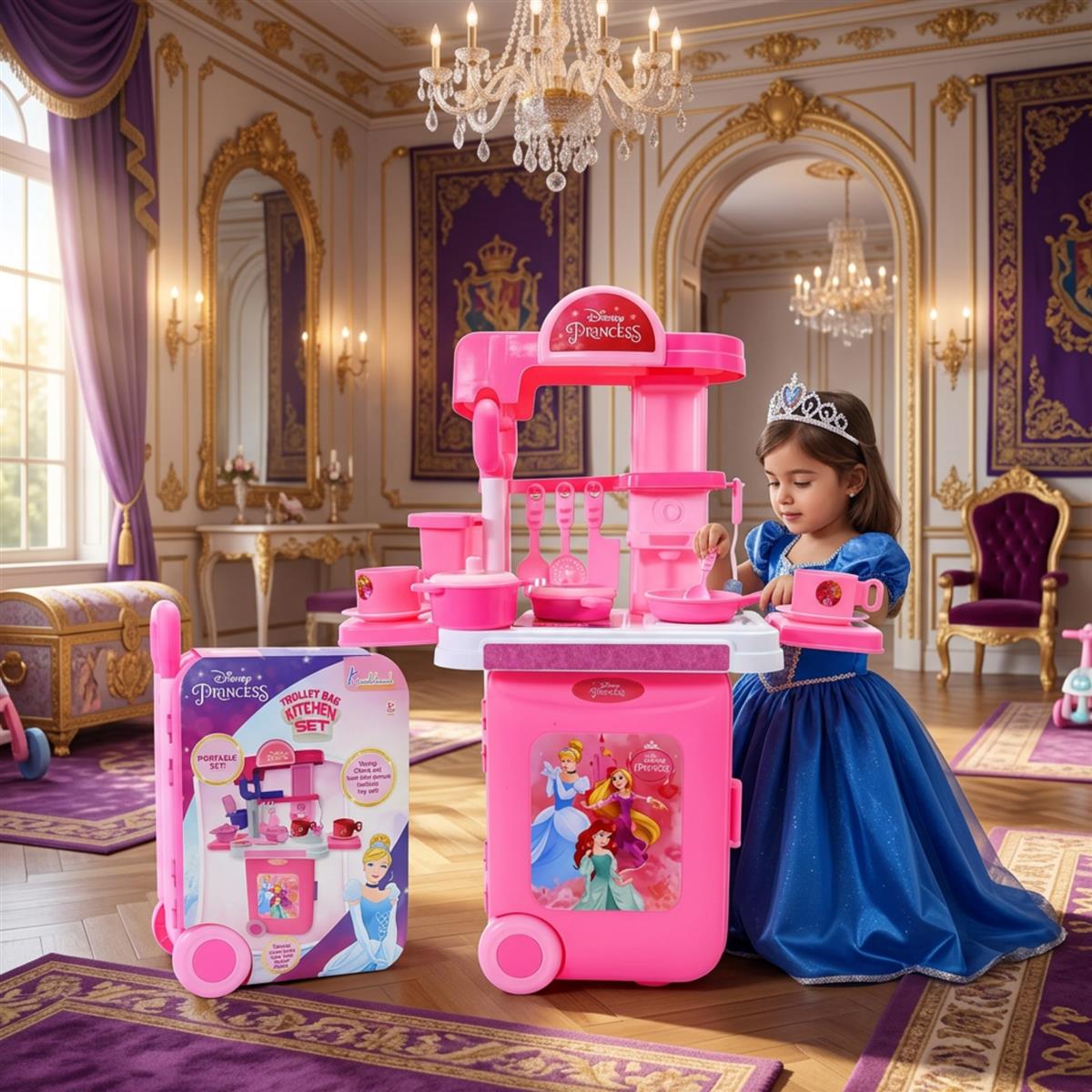 Kriiddaank Disney Princess Kitchen Set - 20 Pcs Portable Pretend Play Toy with Trolley Bag, Music & Lights, Cooking & Baking Playset for Girls Ages 3+, Pink