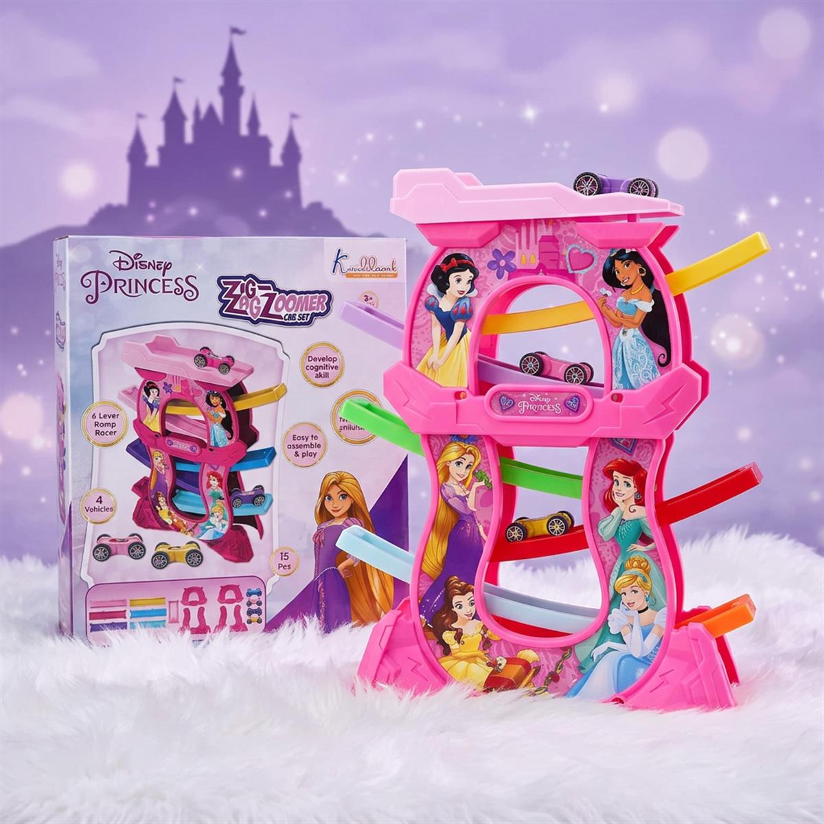 Princess Zig Zag Zoomer Ramp Racer Car Track for Toddlers - 15 Piece 6-Level Lever Toy with 4 Mini Vehicles, Non-Toxic Pink Race Track Playset for Girls 3+ Years Old