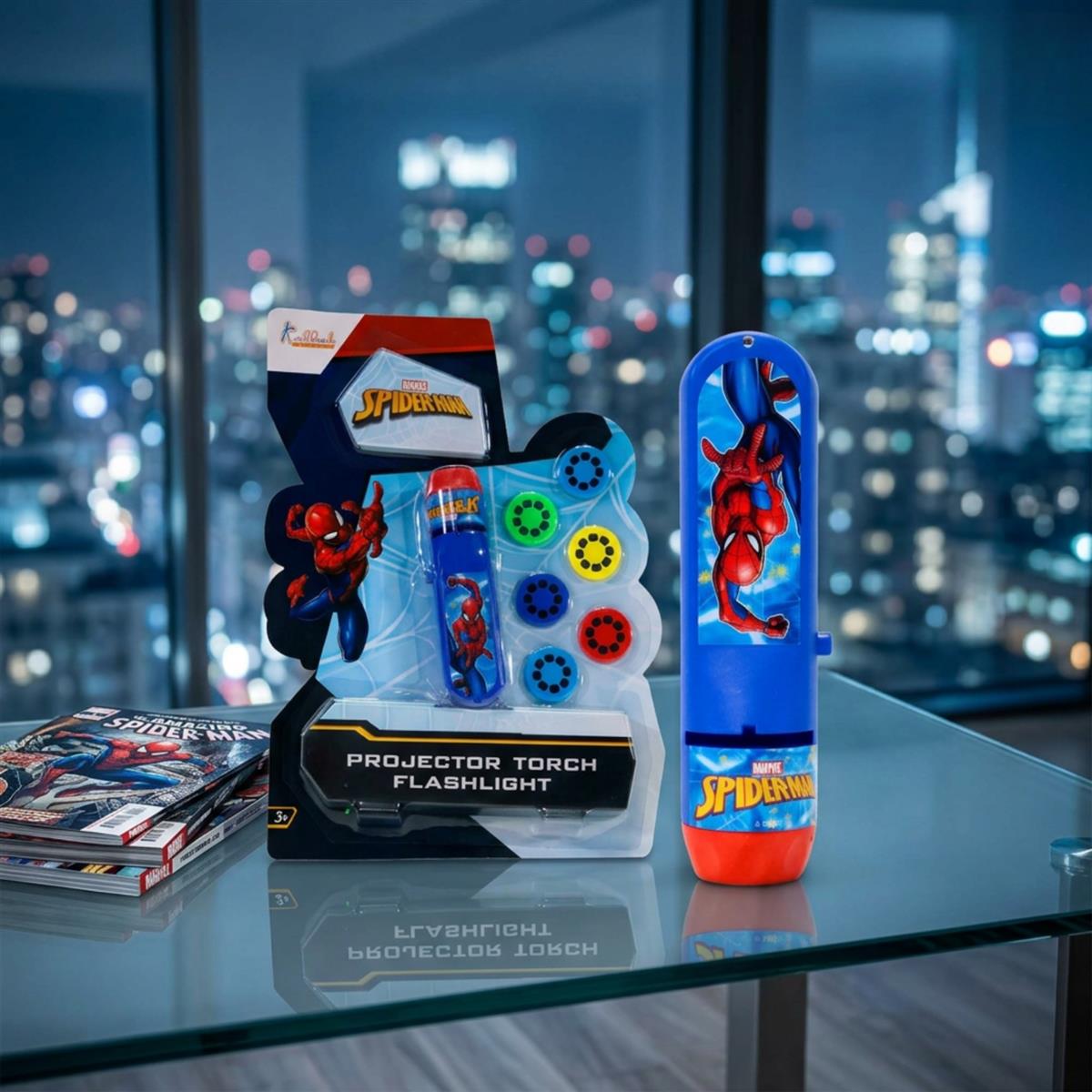 Spiderman Handheld Projector Torch & Drawing Set for Kids, Battery Operated Marvel Heroes Flashlight with 3 Slides, 24 Patterns, Stencils & Markers, Educational Creative Tracing Toy for Boys 3+