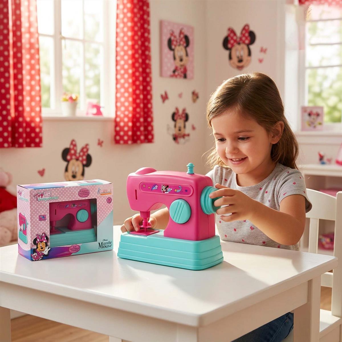 Kriiddaank Minnie Mouse Theme Mini Sewing Machine Toy for Kids 3+, Pink Educational Pretend Play Household Toy with Interactive Buttons, Battery Operated Role Play Toy for Girls