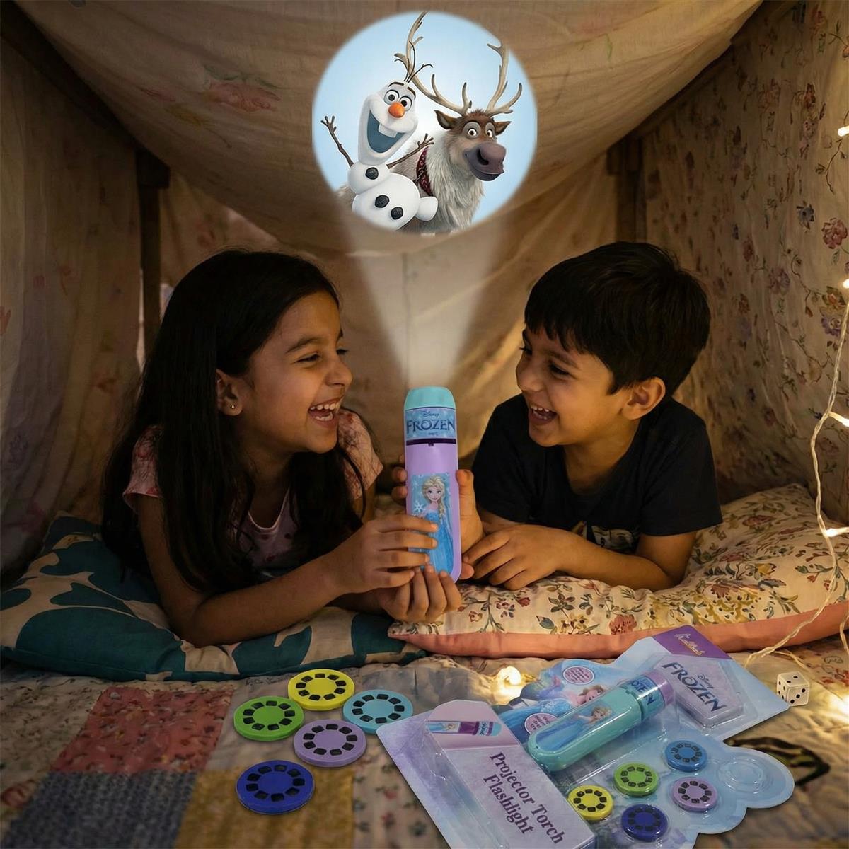 Frozen Projector Torch - Handheld Battery Operated LED Flashlight with Elsa & Anna Projections, 3 Slides & 24 Patterns, Creative Drawing & Tracing Toy for Kids 3+