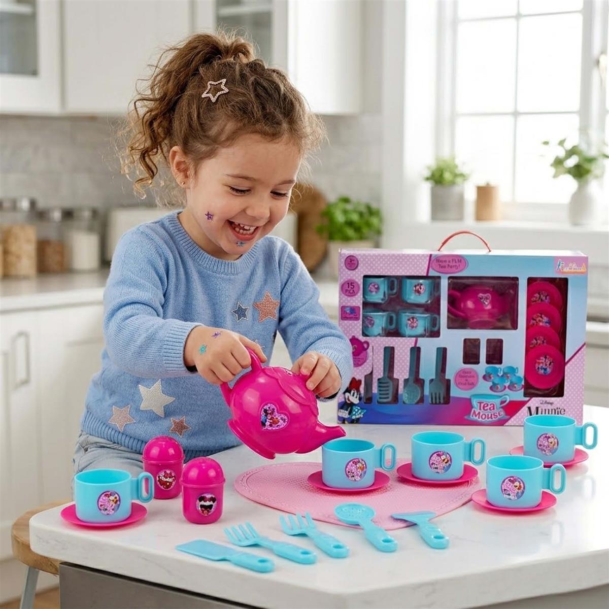 Minnie Mouse 15-Piece Tea Party Set for Kids - Pretend Play Kitchen Toy with Electronic Kettle, Realistic Boiling Sounds & Lights - Safe, Non-Toxic Birthday Gift for Girls & Boys, Ages 3+