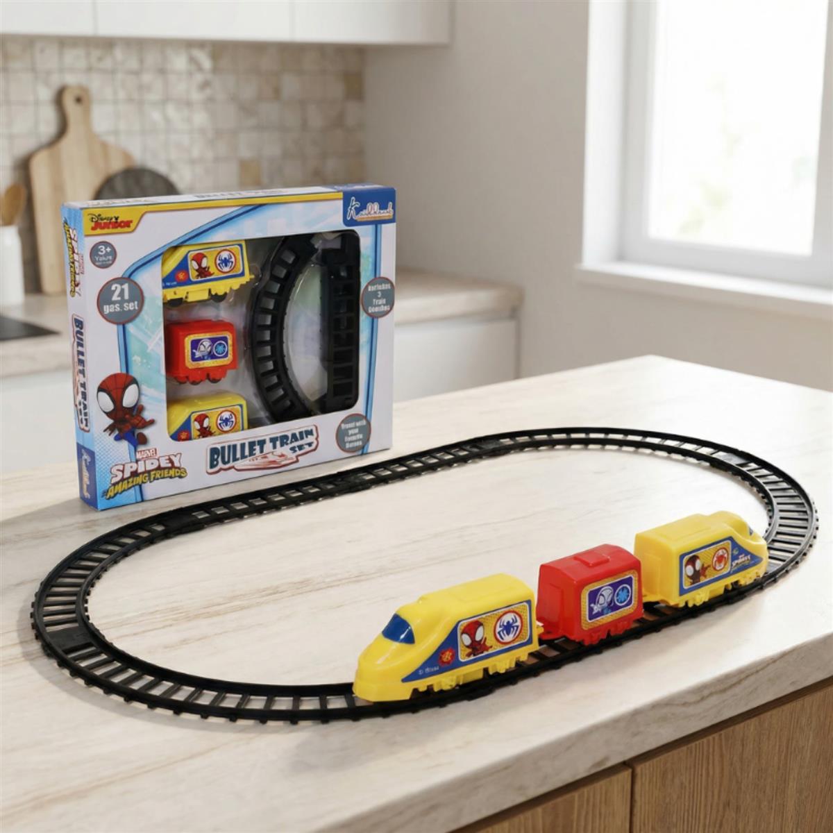 Kriiddaank Marvel Spiderman Train Set for Boys - 11 Piece Superhero Battery Operated Toy Train with Easy-to-Assemble Tracks & Sound Effects, Red & Blue Action Toy Gift for Kids (Ages 3+)