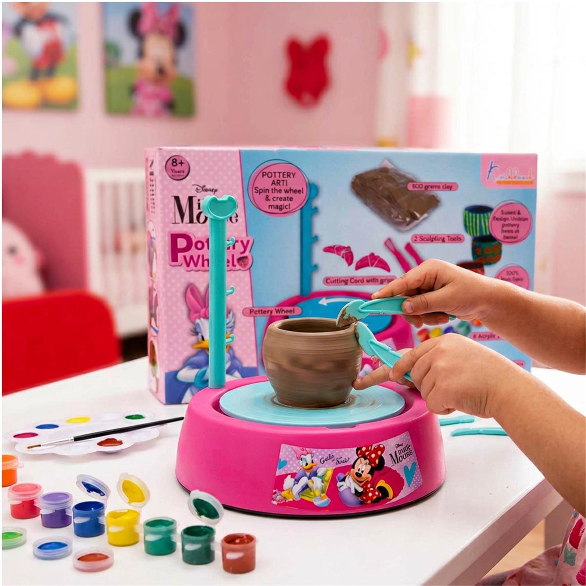 Minnie Pottery Wheel Modeling Set for Kids - Complete DIY Clay Sculpting Art & Craft Kit with 800g Clay, 6 Acrylic Paints & Tools - Educational Musical Toy for Girls Age 8+