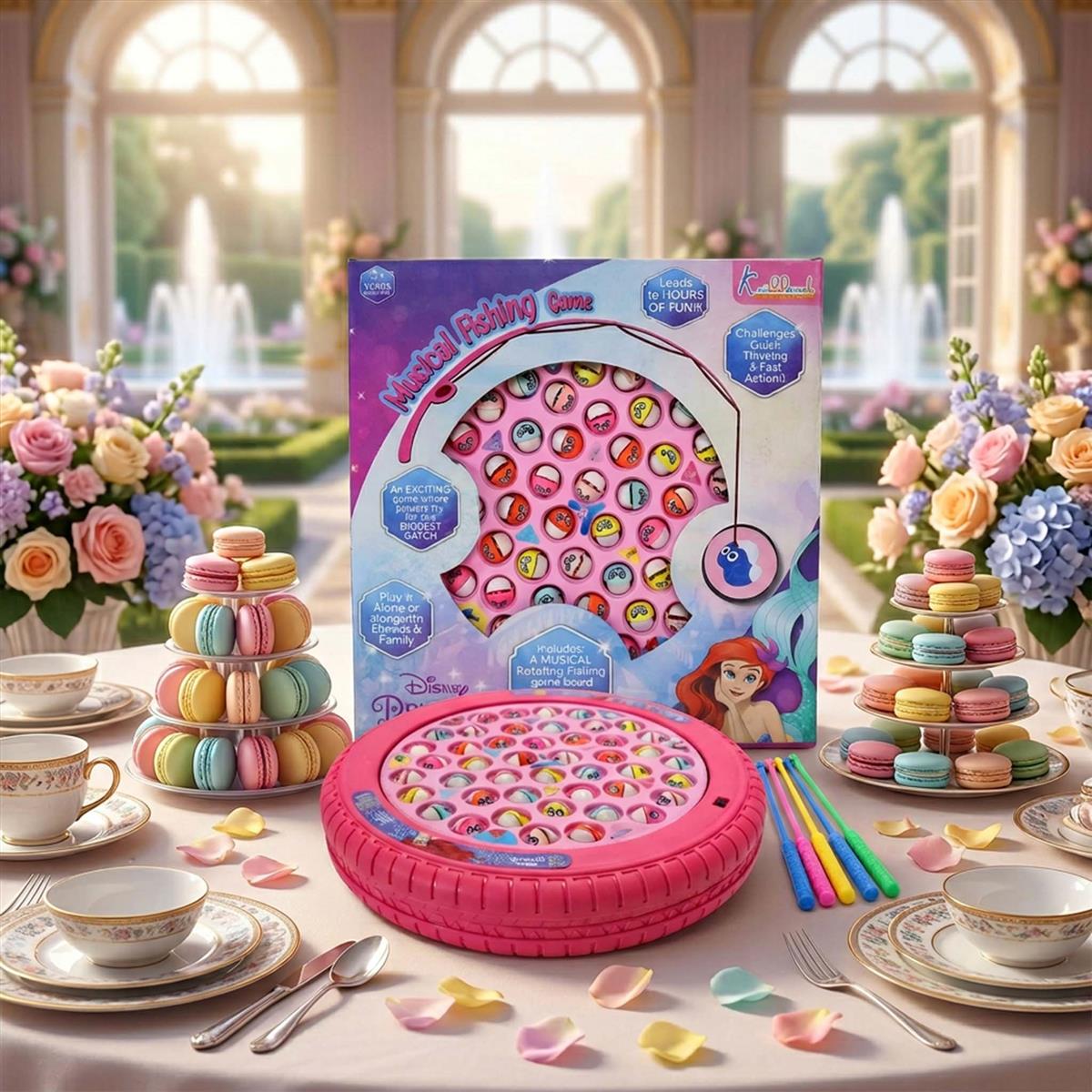 Princess Musical Fishing Game for Kids - Electronic Rotating Board with 45 Fishes & 4 Poles, Pink Ocean Theme Educational Toy, Battery Operated Interactive Fun for Girls & Boys Age 3+