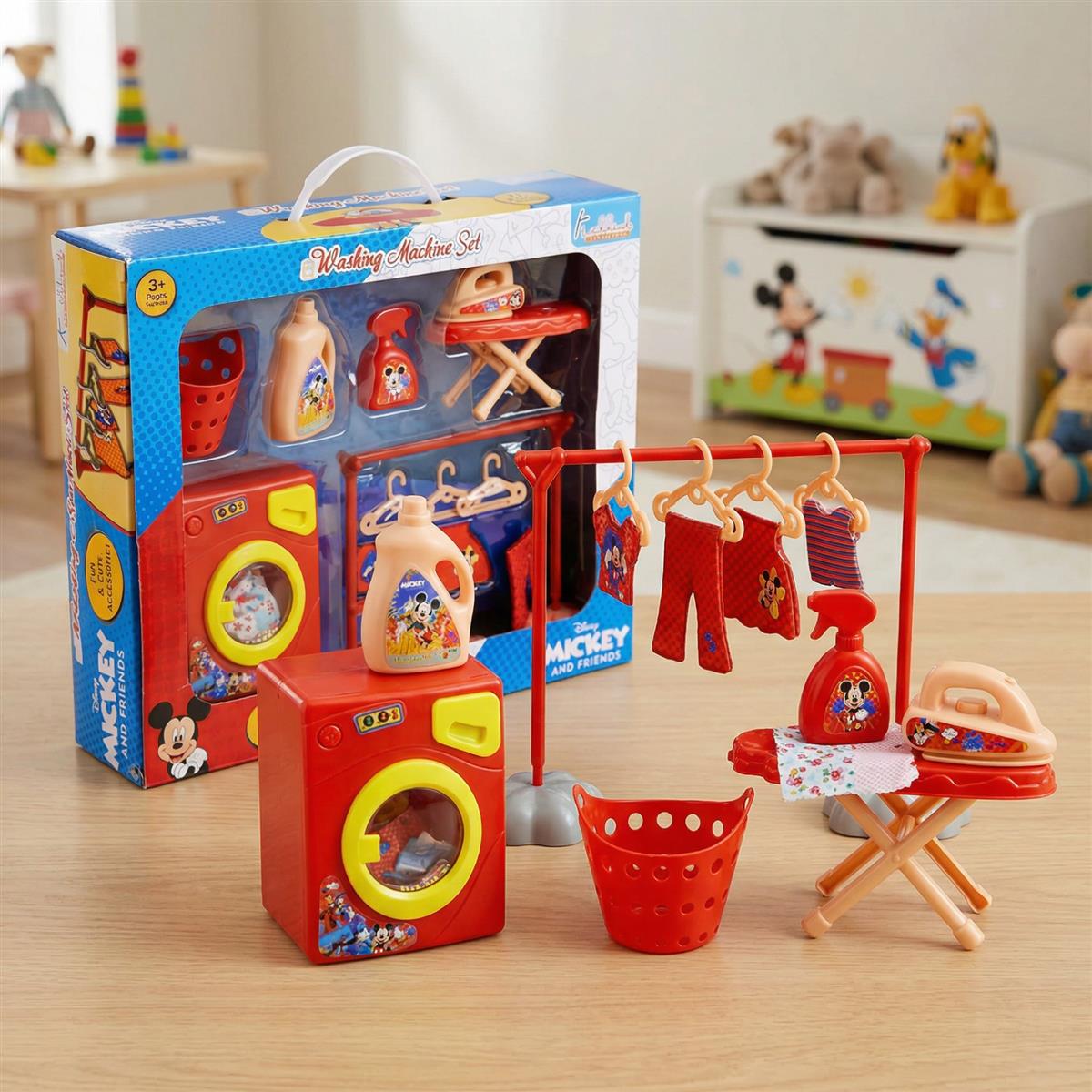 Kriiddaank Disney Mickey Washing Machine Set - 15 Pcs Kids Pretend Play Home Appliances with Music & Accessories - Educational Housekeeping Laundry Toy for Boys & Girls 3+ Years