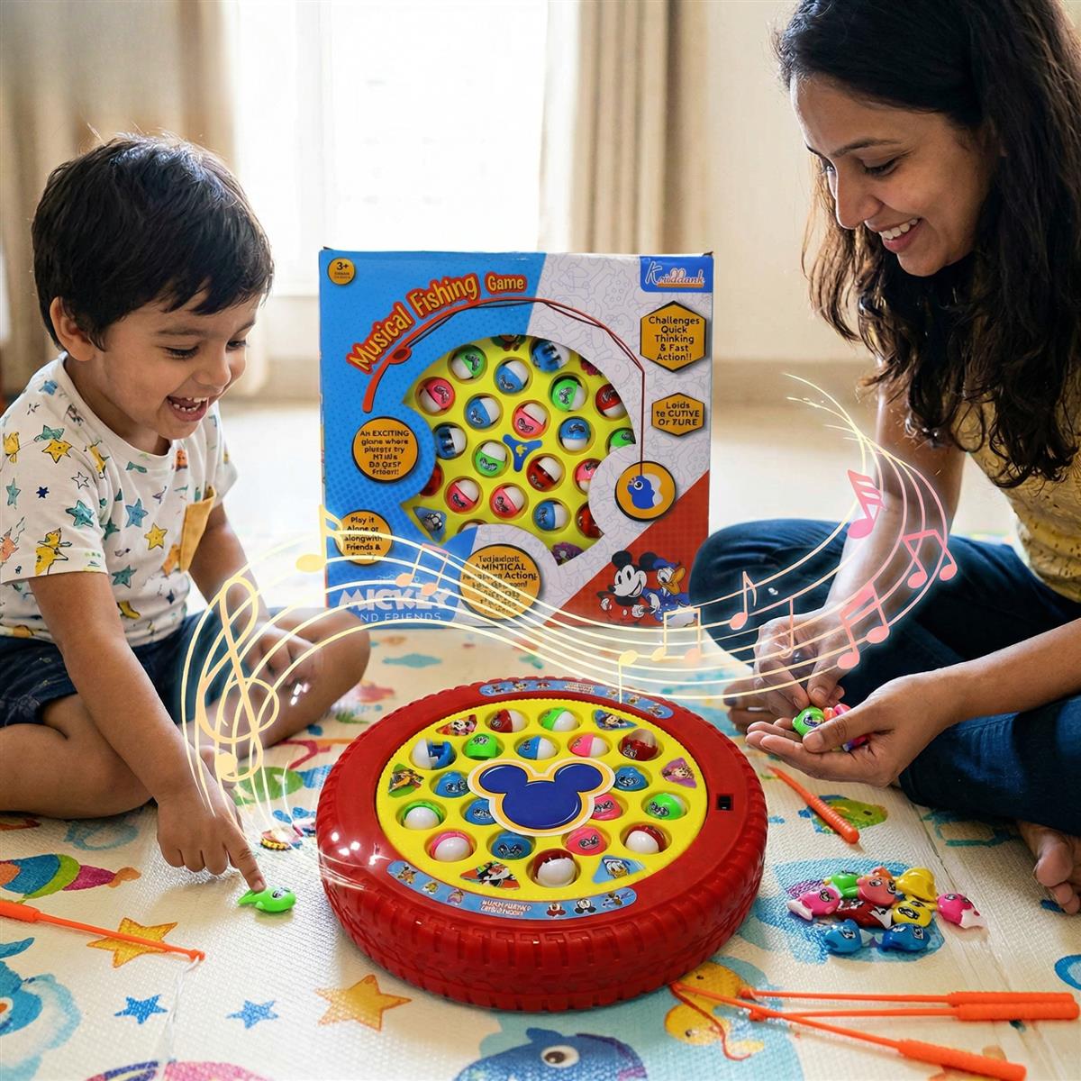 Mickey Mouse Musical Fishing Game - Battery Operated Educational & Learning Toy for Kids - Includes 21 Fishes & 4 Fishing Poles - Interactive Board Game for Boys & Girls Ages 3+