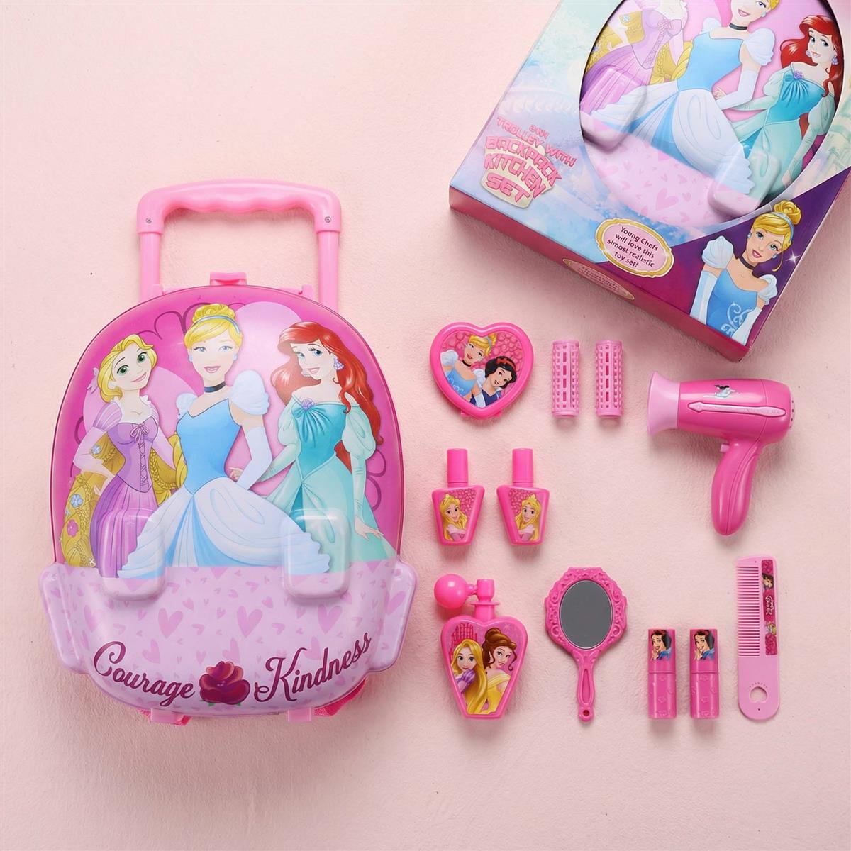 Disney Princess 2-in-1 Backpack Dressing Table & Trolley Gift Set for Kids - 13 Pcs Pretend Play Makeup Kit with Electronic Dryer - Portable Vanity Toy for Girls Age 3+
