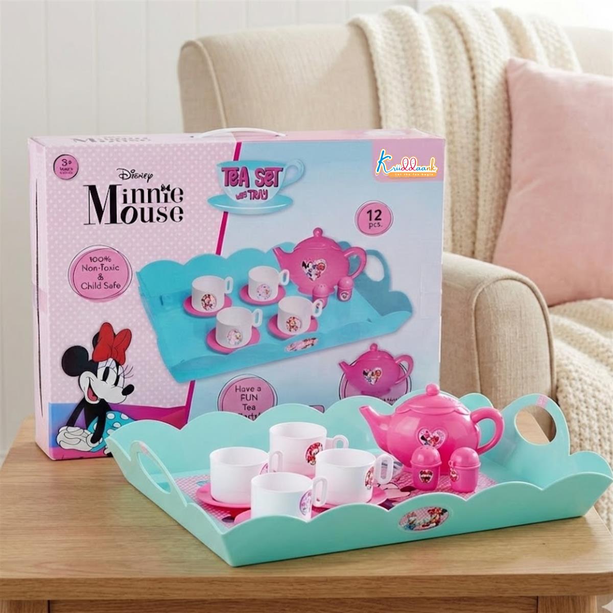 Minnie Tea Playset for Kids Aged 3+ | 12-Piece Pretend Play Tea Party Set with Electronic Kettle, Boiling Sounds & Lights | Safe & Non-Toxic Educational Kitchen Toy Gift for Toddlers