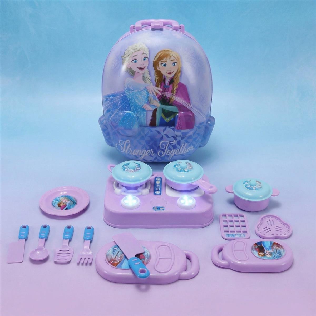 Disney Frozen Backpack Kitchen Gift Set for Kids - 21 Pcs Pretend Play Cooking Set with Music & Accessories - Portable Kitchen Toy for Girls 3+ Years - Turkish Blue
