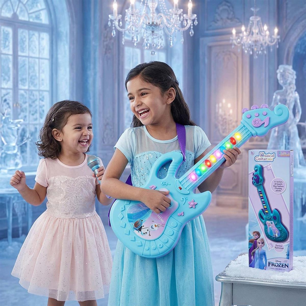 Frozen Theme Musical Guitar for Kids with Elsa & Anna - Lights & Sound Toy, Turkish Blue, Educational Music Toy for Boys & Girls Ages 3+, Battery Operated (44cm)