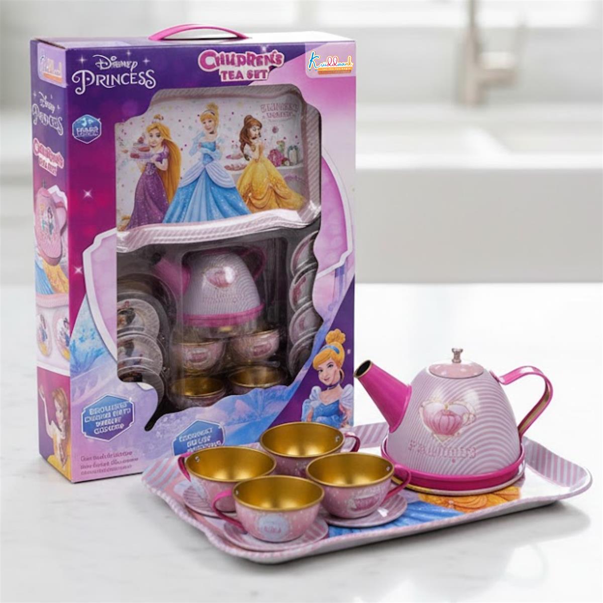 Disney Princess 14-Piece Tin Tea Set for Girls - Portable Fantasy Tea Party Set with Teapot & Cups - Safe & Durable Metal Pretend Play Toy for Kids Ages 3+ (Pink)