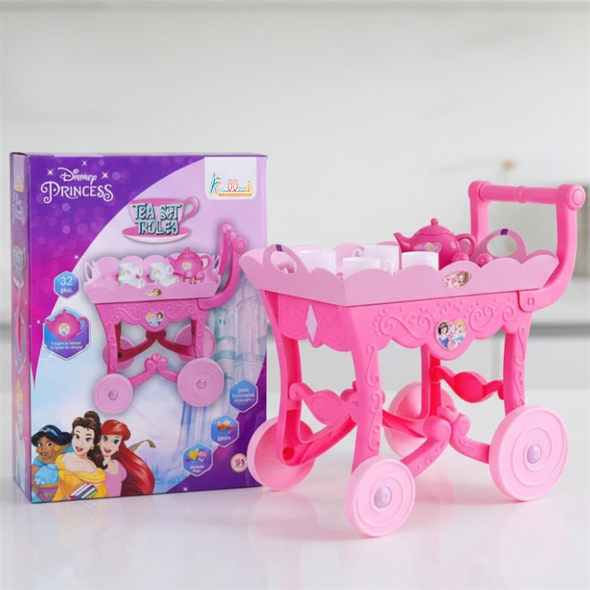 Disney Princess Musical Tea Trolley Set for Kids - 32 Pcs Pink Pretend Play Tea Party Cart with Interactive Sound Effects - Ideal Birthday Gift for Toddlers and Girls Aged 3+ Years
