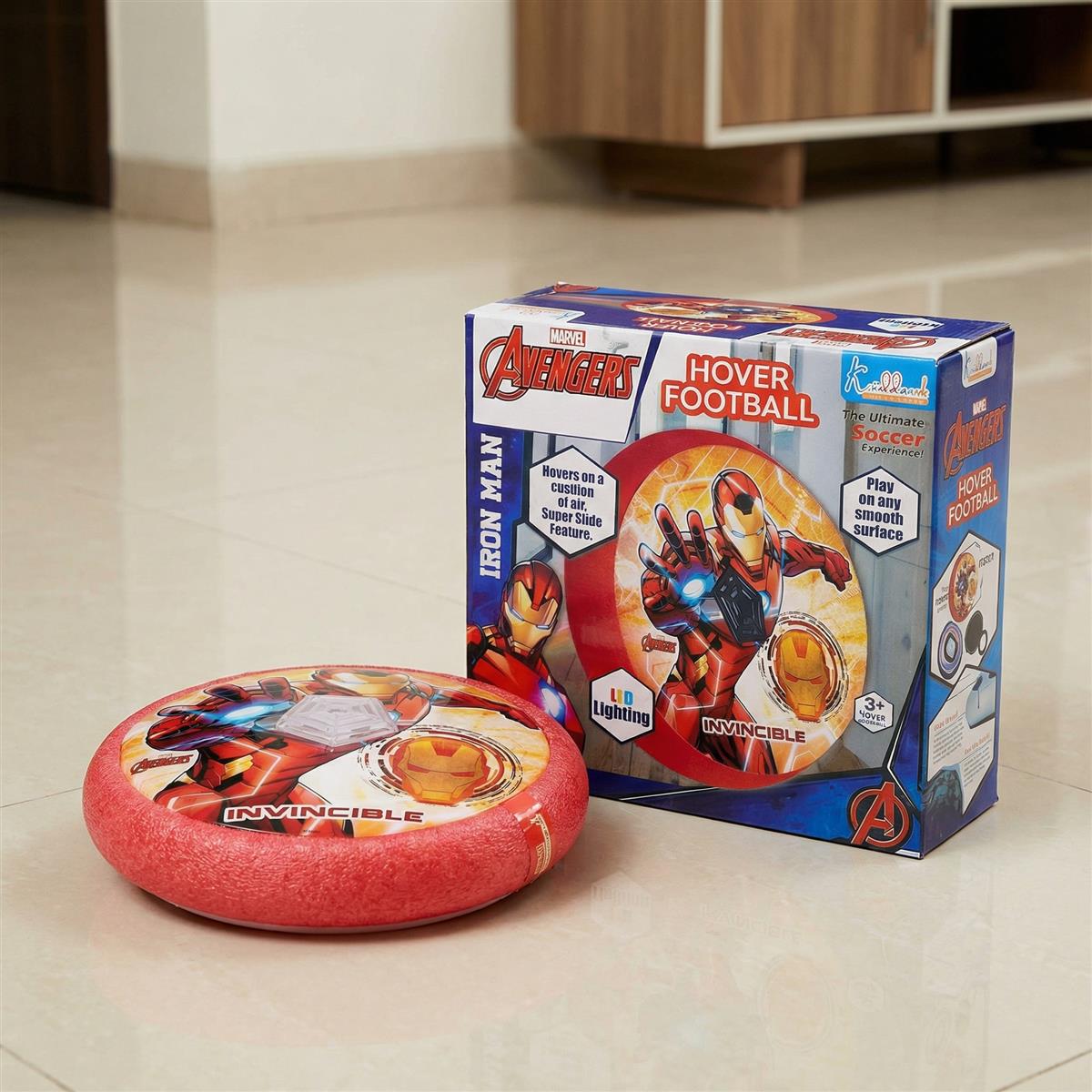 Iron Man Theme Hover Football for Kids - LED Light Up Indoor Soccer Ball with Foam Bumper, Disney Marvel Sports Toy for Boys & Girls, Safe Glide Air Power Soccer Disk, Ages 3+