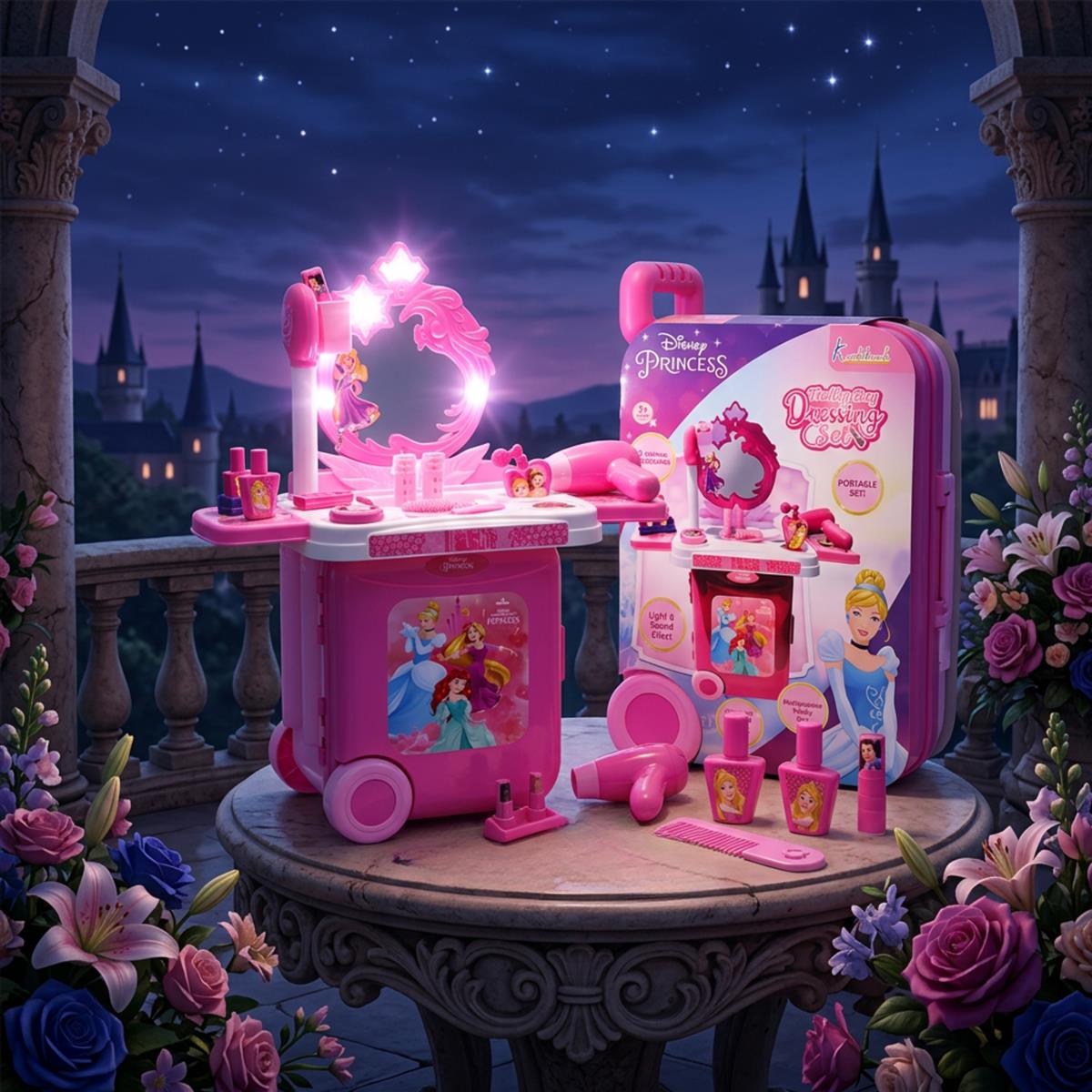Kriiddaank Disney Princess Dressing Set & Beauty Makeup Kit with Trolley for Girls - 15 Pcs Pretend Play Toy with Music, Lights & Sound - Safe, Interactive Styling Kit for Kids Ages 3+