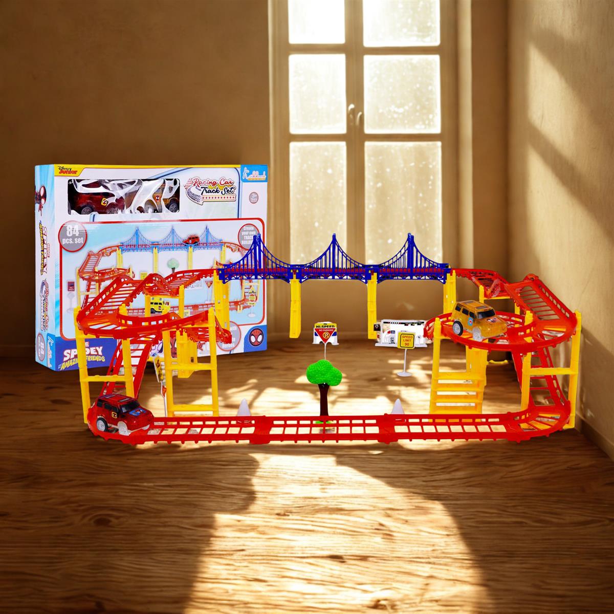 Spiderman Marvel Collectible Race Track Set for Kids - 86 Pieces DIY Racing Track with 2 Diecast Metal Toy Cars, Battery Operated Action Playset, Superhero Gifts for Boys Age 3+