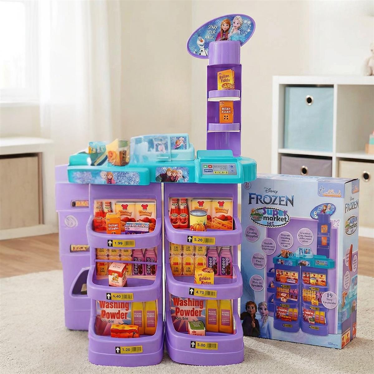 Frozen Supermarket Set for Kids - Grocery Store Playset with Electronic Cash Register, Scanner, Sound & Music, 20 Accessories | Elsa & Anna Disney Theme Toy for Kids Ages 5+ (Turkish Blue)