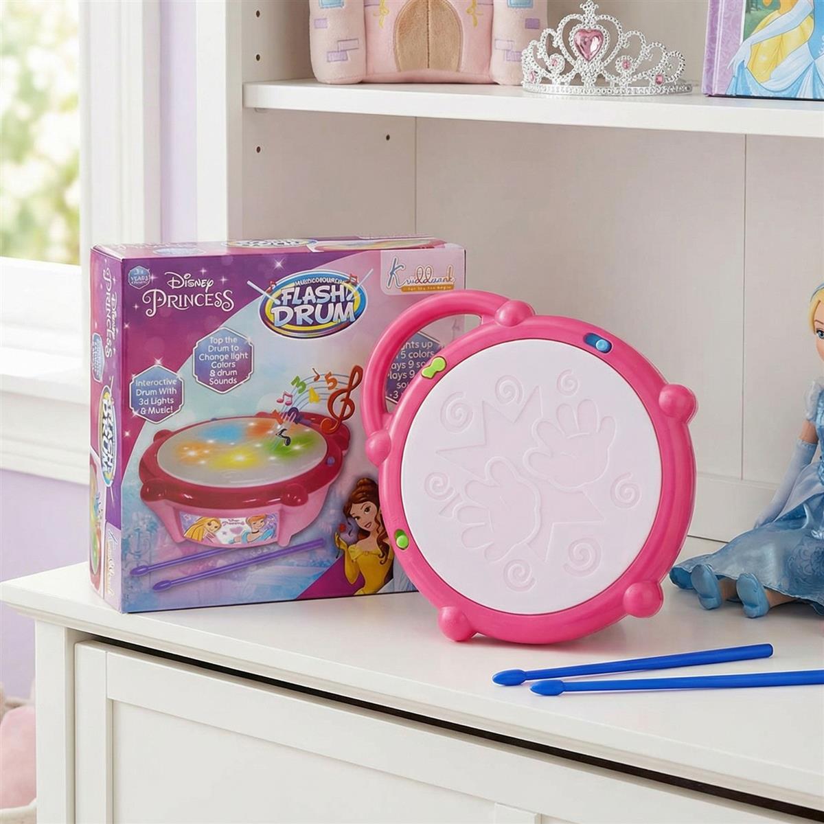 Disney Princess Flash Drum Toy for Girls - Musical Light-Up Drum with 3D LED Lights, 9 Songs & Drum Sounds, 3 Modes - Interactive Educational Toy for Kids Aged 3+ Years (Pink)