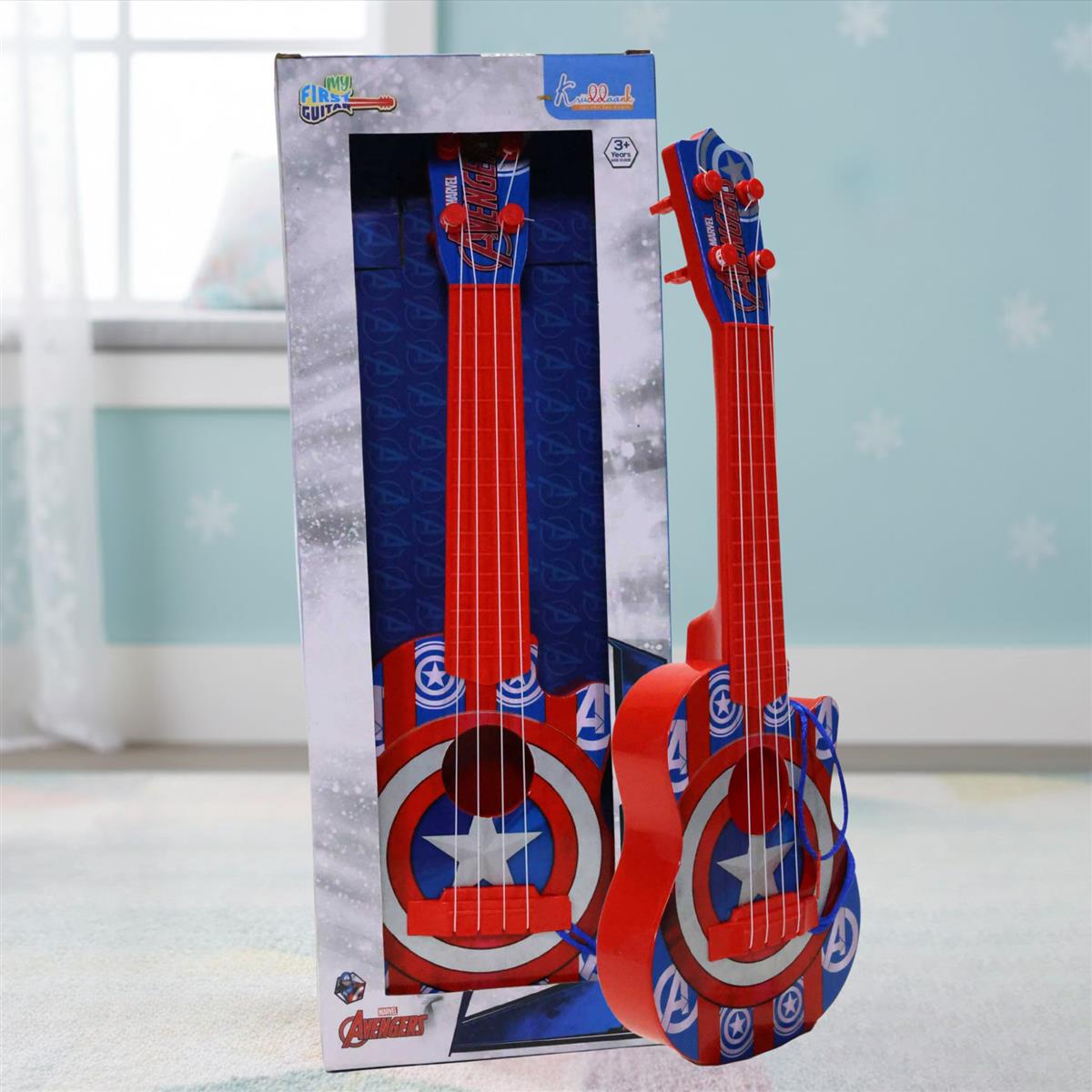 Marvel Avenger Theme 4-String Guitar for Kids - Small Electric & Classical Style Toy Instrument for Beginners - Fun Educational Musical Toy for Boys & Girls Age 3+ - Red