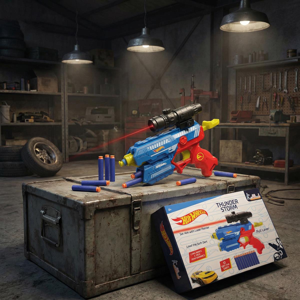 HW Thunder Storm Strike Blaster Toy Gun with Laser Pointer & 10 Soft EVA Darts, High-Velocity Multi-Mode Shooting System, Safe Action Play for Kids 4+ Years, Blue