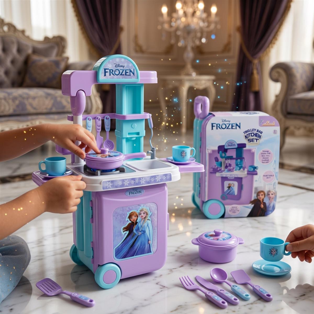 Kriiddaank Frozen Theme Kitchen Set for Girls - Elsa & Anna Inspired Portable 2-in-1 Playset with Trolley Bag, Lights, Music & 20 Accessories - Pretend Play Cooking & Baking Toy for Kids 3+ Years