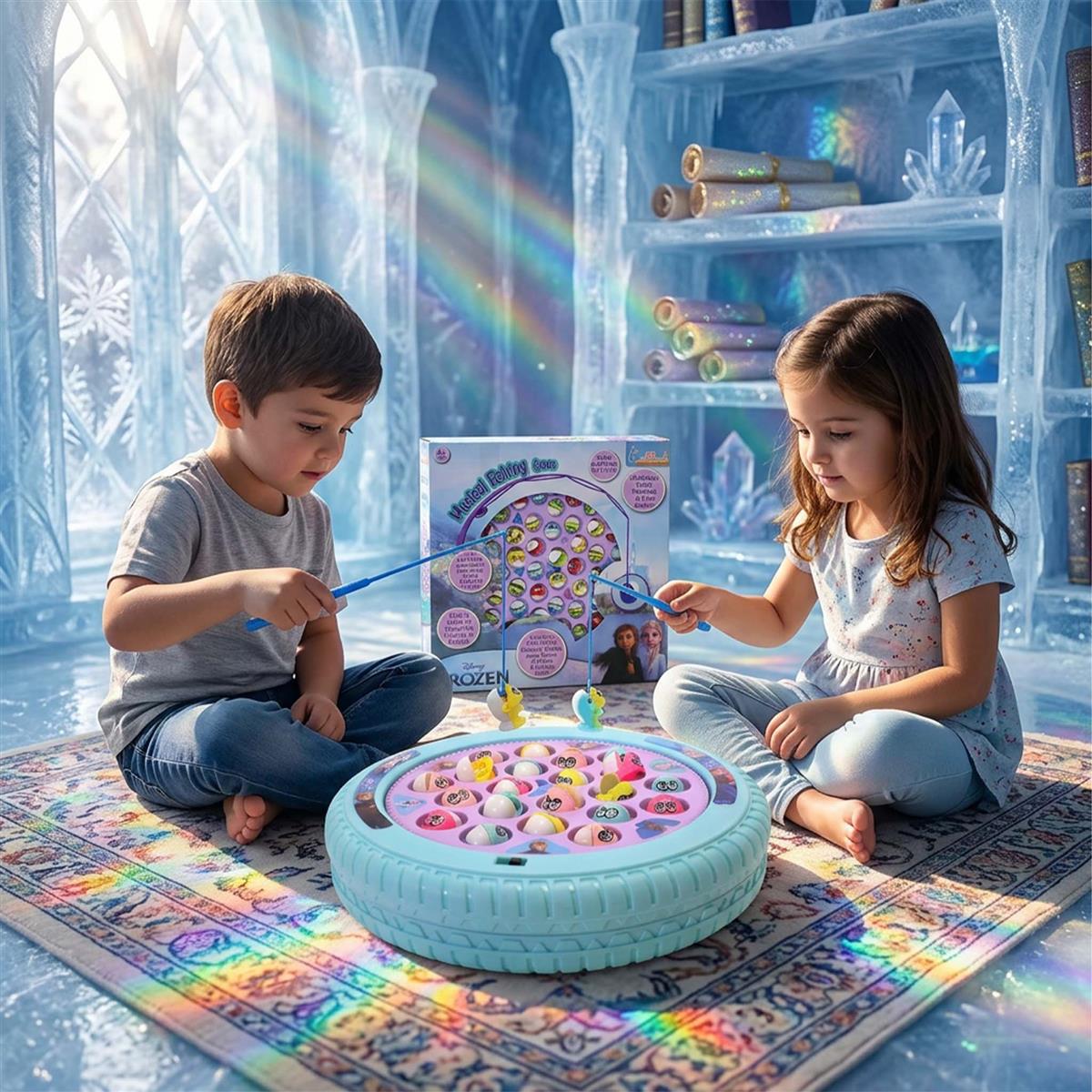 Kriiddaank Frozen Musical Fishing Game - Electronic Rotating Board with 45 Fishes & 4 Poles | Battery Operated Interactive Toy for Kids 3+ | Fun & Educational Multiplayer Game, Turkish Blue